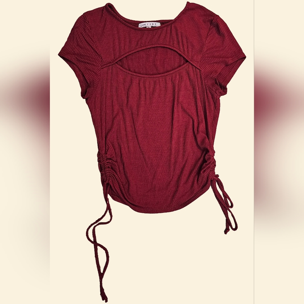 woman's large fitted red shirt ruched on the sides extra large with cut in chest
